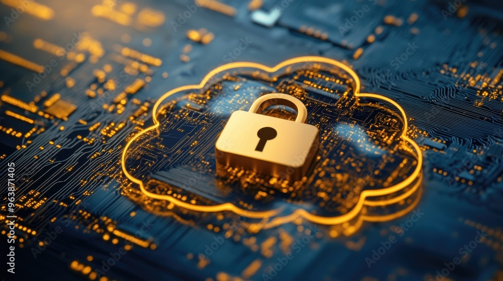 Poster stylized cloud with a secure padlock, symbolizing cloud computing services and cybersecurity measure