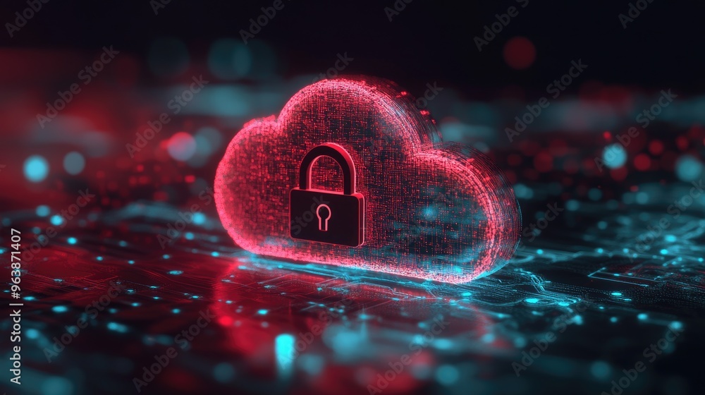 Poster stylized cloud with a secure padlock, symbolizing cloud computing services and cybersecurity measure