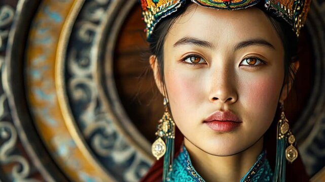 Cultural concept photography of a Mongolian girl in traditional attire, with abstract elements and creative framing to enhance the cultural narrative