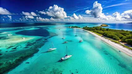 A breathtaking aerial shot of a turquoise ocean, with crystal-clear waters, powdery white sand, and a few sailboats drifting lazily, under a brilliant blue sky.