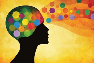 Neuroplasticity cerebral activation and brain fingerprinting silhouetted human profile with vibrant dots flowing from the mind representing the release of creative ideas