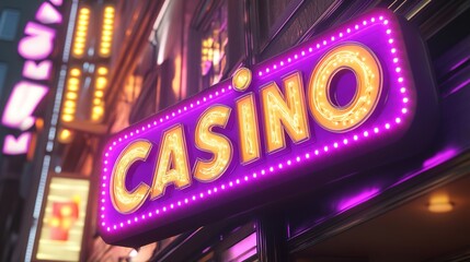 Purple and Yellow "Casino" Logo with Purple Lights, No Background. A sleek and modern logo featuring the word "casino" in bold, vibrant purple and yellow colors, illuminated with purple lights, 