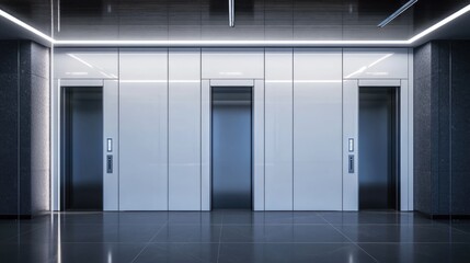 Fototapeta premium The closed doors of a stylish office elevator in a contemporary building, showcasing smooth vertical transport.