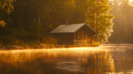 Fototapeta premium Autumnal reflections in a tranquil lakeside cottage, nestled amidst a lush forest