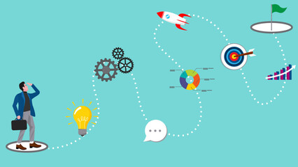 winning business plan, strategy step to achieve business goal, flowchart to succeed concept, project management on career journey, businessman walk on winning business plan journey