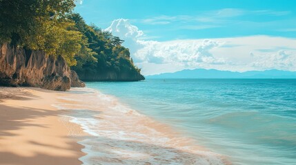 A beautiful beach wallpaper showing a scene of bright sunny beach with white sand, sea water, and other beach objects