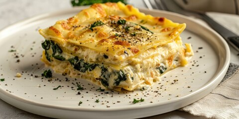 Creamy Vegetarian Lasagna Served on a Light-Colored Plate