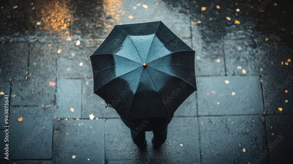 Poster Top view of a man standing with an umbrella on a rainy day, captured on a wet sidewalk with ample copy space, creating a moody scene.