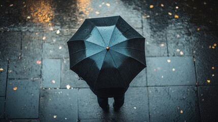 Top view of a man standing with an umbrella on a rainy day, captured on a wet sidewalk with ample copy space, creating a moody scene.