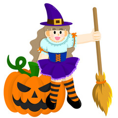 Young blonde witch with a magic broom and Jack-O-Lantern pumpkin