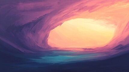 A vibrant sunset through a colorful ocean wave, showcasing shades of purple, pink, and orange.