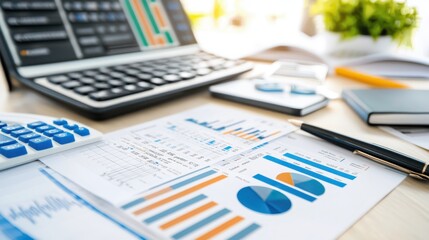 Financial Charts and Graphs on Desk with Calculator and Pen
