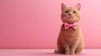 A cute orange tabby cat with a pink bowtie sitting on a pink background, looking up.