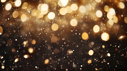 Abstract Gold Bokeh with Falling Snowflakes on Dark Background