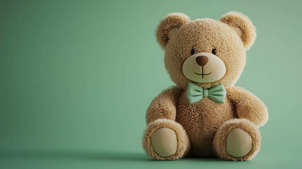 Obraz premium Brown teddy bear with a light green bow tie, sitting on a green background.