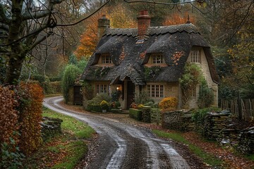 A small house with a thatched roof sits on a road surrounded by trees