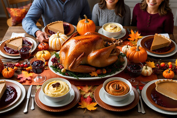A family is gathered around table for Thanksgiving and Autumn  dinner set with roasted turkey, cranberry sauce and pumpkin pie.