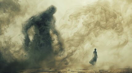 Warrior fighting shadowy figure that represents negativity, photorealistic