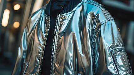 Closeup of a silver metallic bomber jacket with a zipper.