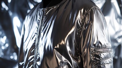 Close up of a shiny silver bomber jacket with a zipper.