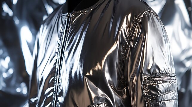 Close up of a shiny silver bomber jacket with a zipper.