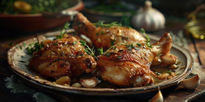Garlic-seasoned roasted chicken leg quarters served on a dish