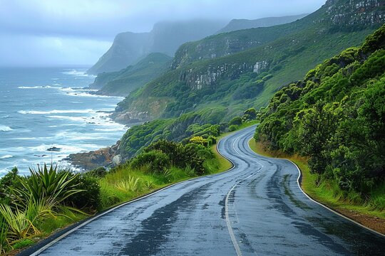 A road with a wet surface and a view of the ocean - Powered by Adobe