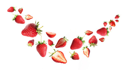 Flying or falling strawberries like a wave on transparent, PNG or white background. Fresh strawberry fruit. For food packages.