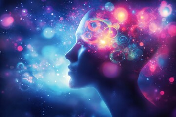 Obraz premium Cognitive processing thought form geometry and cortical folding silhouetted profile of a head illuminated with cosmic particles symbolizing the universes influence on creative thought