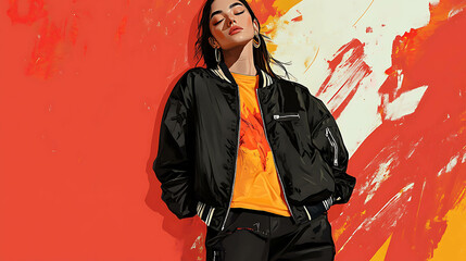 Obraz premium A young woman in a black jacket and orange shirt stands in front of a colorful background.