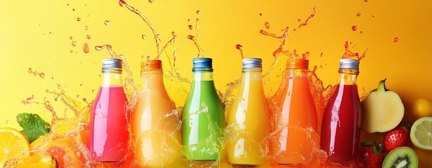 A colorful splash of paint on a white background featuring transparent bottles and glasses filled with various vibrant liquids like juice, soda, and oil