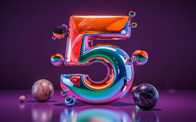 Number 5, five vibrant font 3d rendering