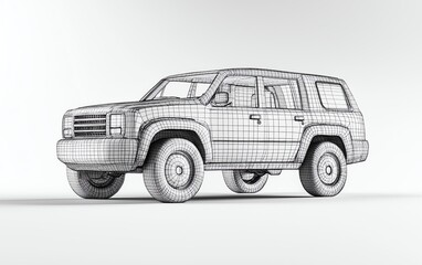 Fototapeta premium 3D wireframe model of a modern SUV on a clean background, representing design and engineering in automotive technology.