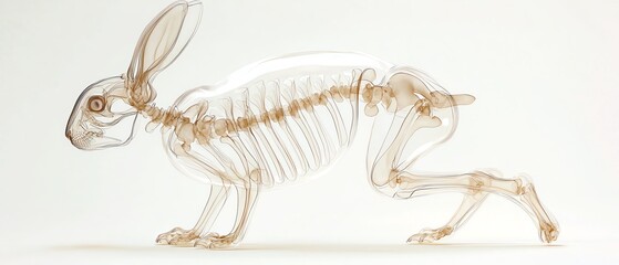 Obraz premium A transparent skeleton of a rabbit, showcasing intricate bone structure and anatomy in a dynamic running pose.
