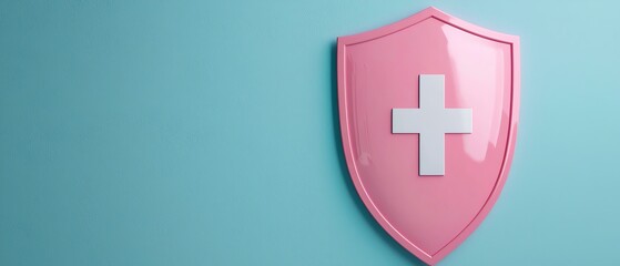 Obraz premium A whimsical pink shield with a white cross, symbolizing health and protection against illness on a serene blue background.