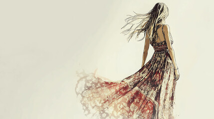 Woman in a flowy floral dress with her hair blowing in the wind.