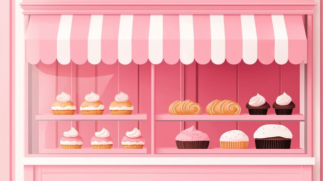 A charming bakery window showcasing a variety of delicious pastries and cupcakes in a delightful pink atmosphere.