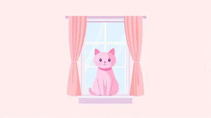 A cute pink cat sits by a window, surrounded by soft curtains, creating a cozy and playful atmosphere in a pastel setting.