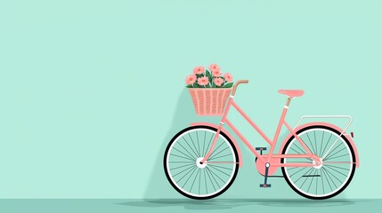 Fototapeta premium Charming pink bicycle with a flower basket against a mint green wall, perfect for spring and outdoor leisure themes.