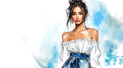 Watercolor illustration of a beautiful woman with dark hair and a white off-the-shoulder dress.