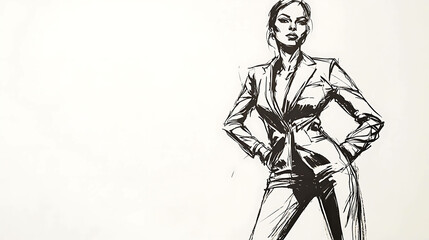 A simple line drawing of a woman wearing a suit jacket and pants.