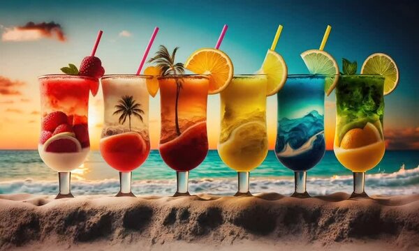 happy cocktail drink in glass on seascape background