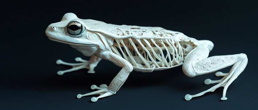 Artistic depiction of a frog skeleton, highlighting intricate bone structure against a dark background for educational purposes.