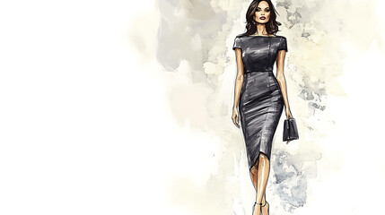 A fashion illustration of a woman in a simple black dress walking with a purse.