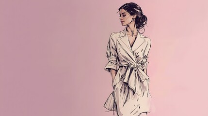Fototapeta premium Fashion illustration of a woman in a white dress with a belt, against a light pink background.