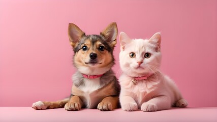 Obraz premium Adorable canine and feline paired with a pink backdrop featuring copy space. AI that is generative