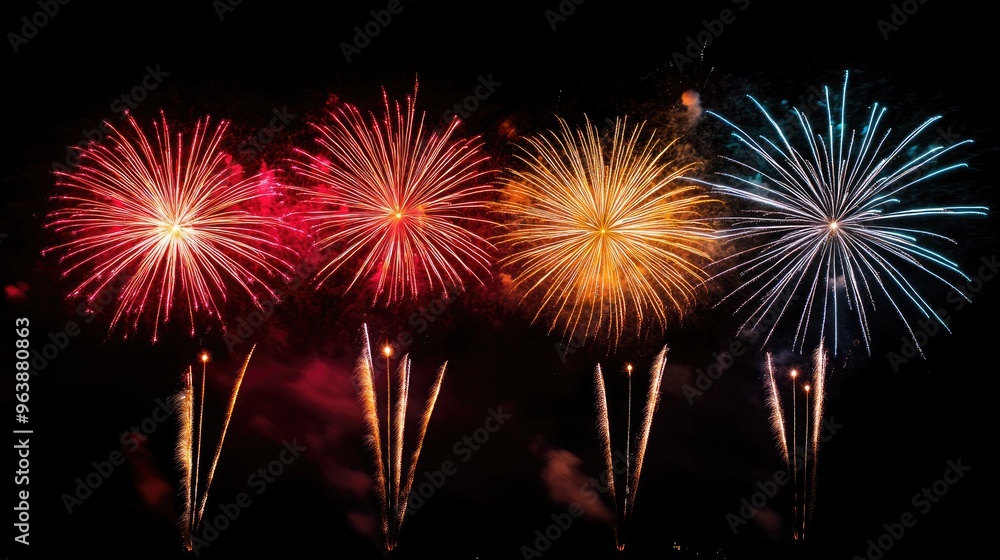 Poster vibrant fireworks light up the dark night sky, creating a stunning display with ample space for copy