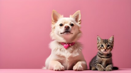 Adorable canine and feline paired with a pink backdrop featuring copy space. AI that is generative