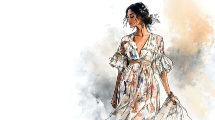 Beautiful woman in a floral dress posing against a watercolor background.