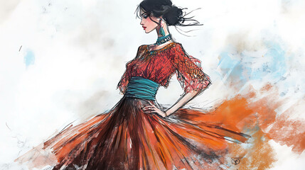 Fototapeta premium A beautiful woman with long dark hair is blowing in the wind.